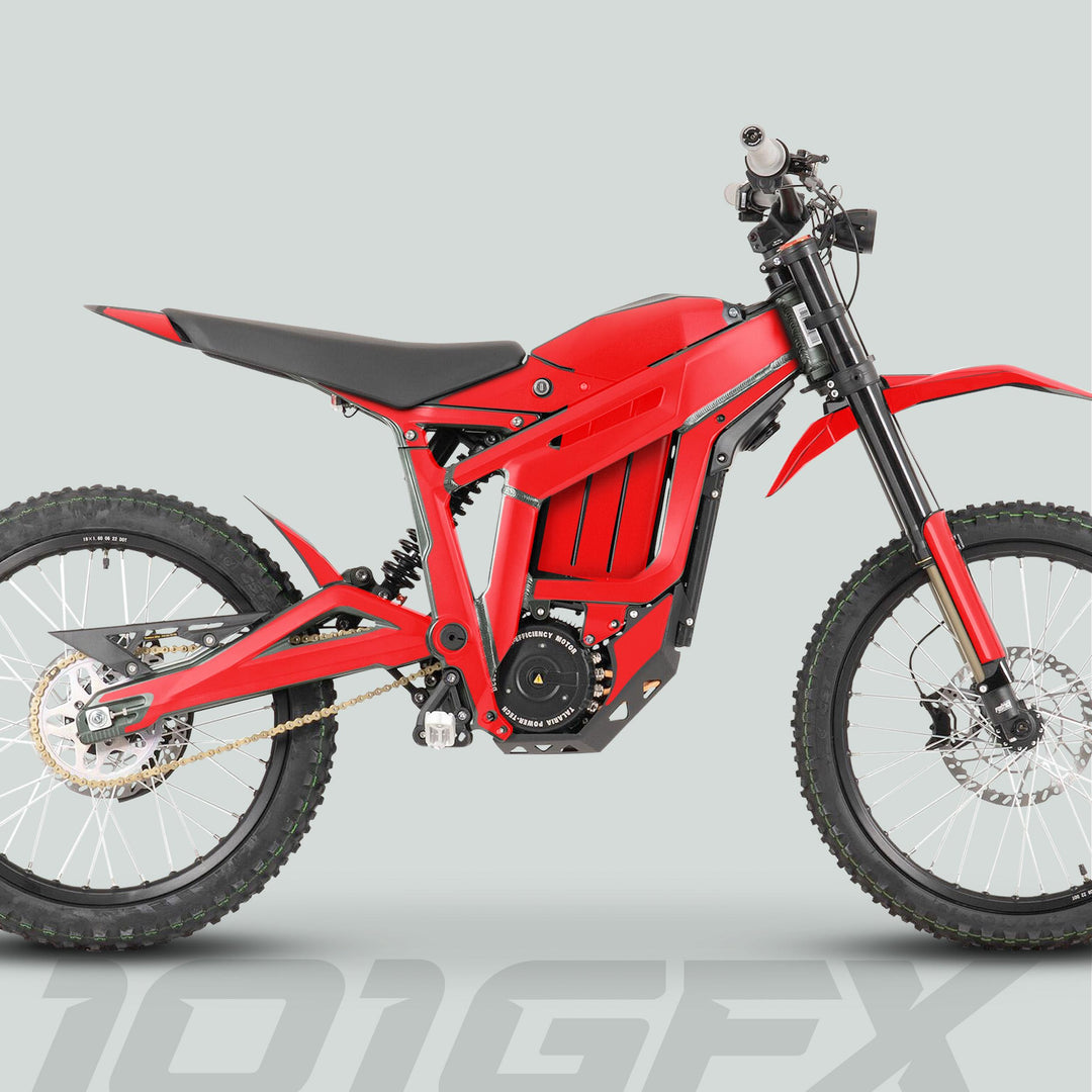 Side-profile of Talaria Sting MX3 MX4 Graphics Kit SOLID COLOR RED on an electric dirt bike with off-road suspension, knobby tires, and spoked rims.