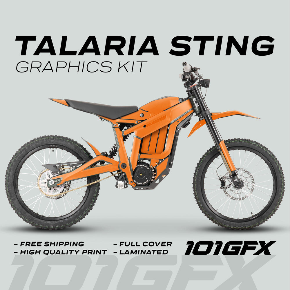Orange Talaria Sting MX3 MX4 Graphics Kit bike, featuring a striking solid color wrap. Highlighted features: free shipping, high quality, full cover, laminated.