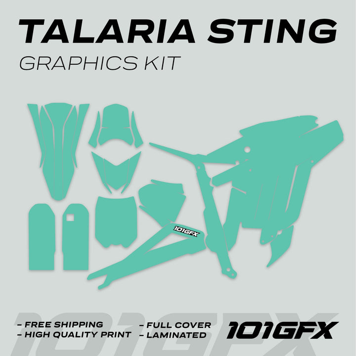 Talaria Sting MX3 MX4 Graphics Kit SOLID COLOR MINT displayed with teal decal silhouettes, 101GFX branding, and features like free shipping and high-quality print.