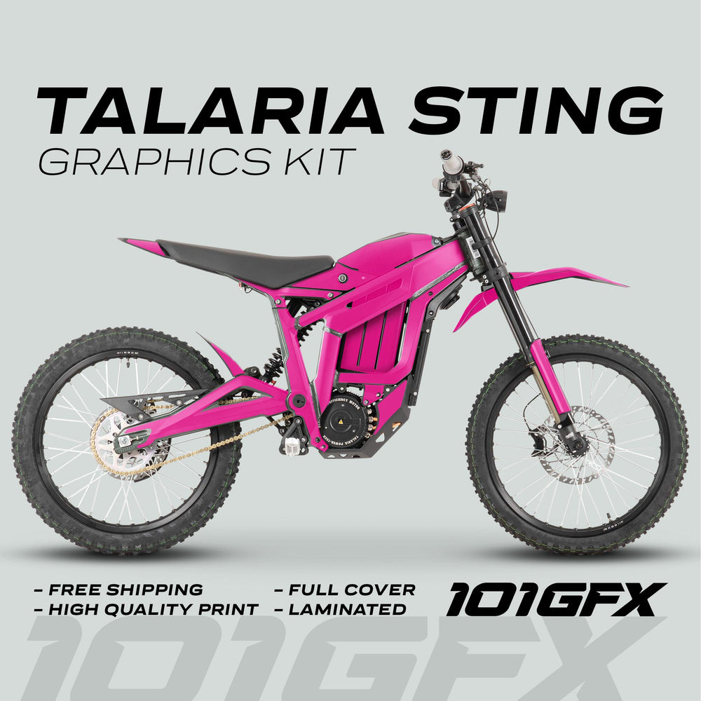Talaria Sting MX3 MX4 Graphics Kit SOLID COLOR MAGENTA showcased on a bike; highlights include free shipping, high-quality print, full cover, and lamination.