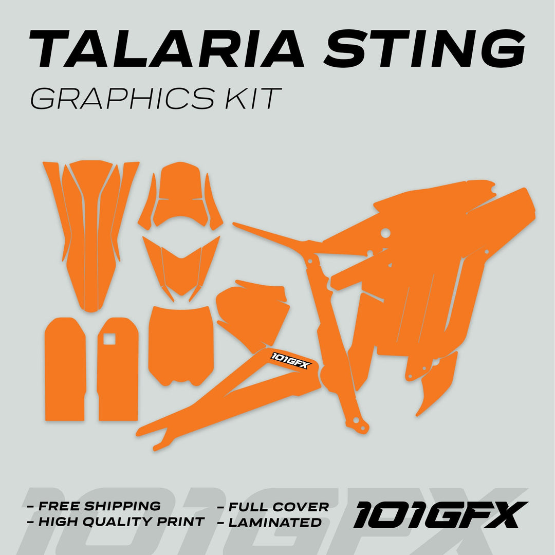 Talaria Sting MX3 MX4 Graphics Kit SOLID COLOR ORANGE, featuring pre-cut, bright-orange vinyl decals with selling points like Free shipping and High quality print displayed.