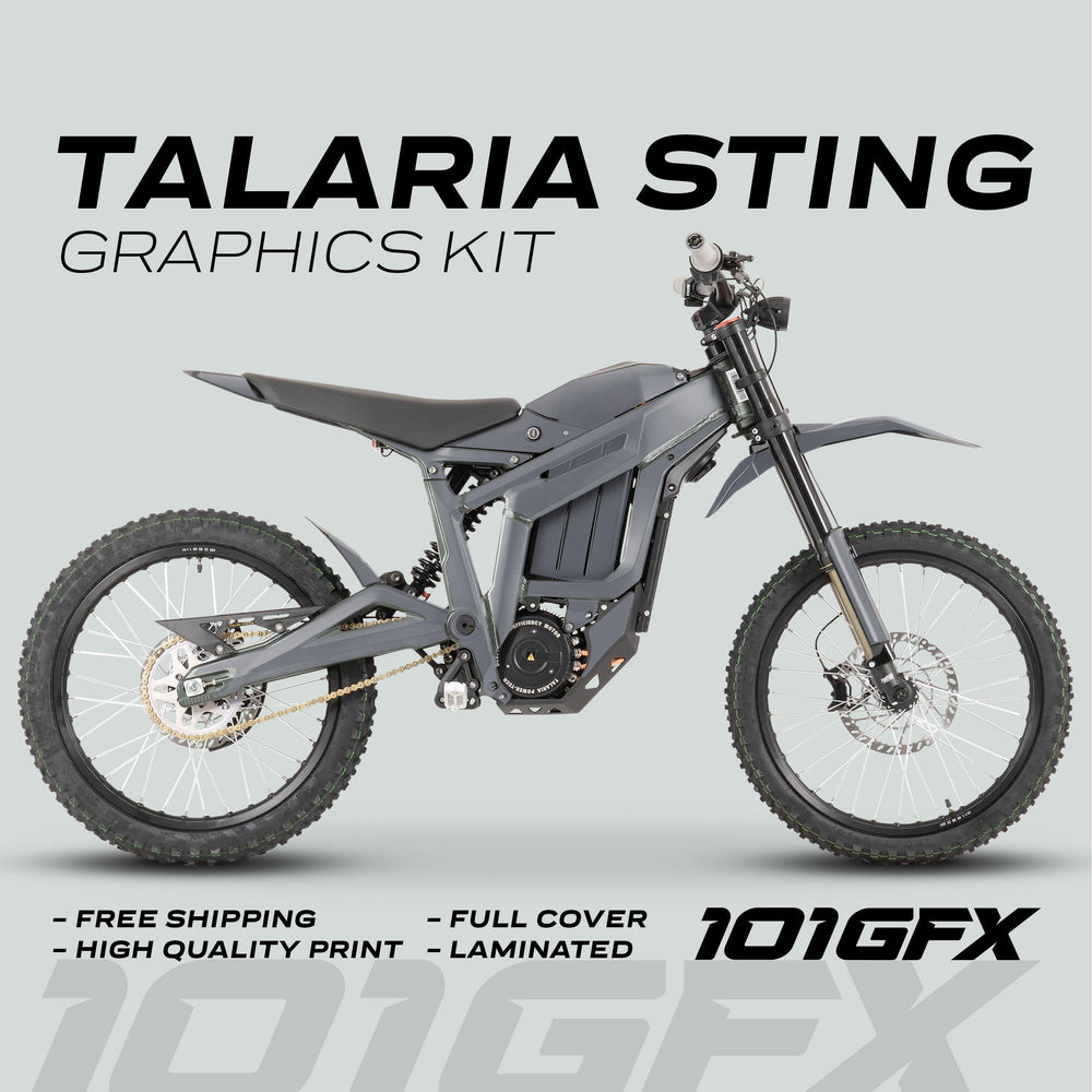 Talaria Sting MX3 MX4 Graphics Kit SOLID COLOR GREY on electric dirtbike profile with features like free shipping and high-quality print, designed for a custom fit.