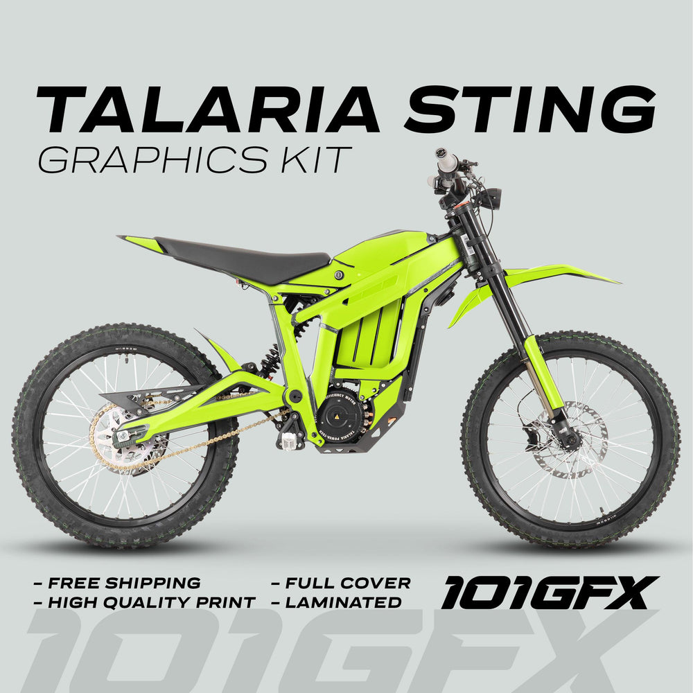 Talaria Sting MX3 MX4 Graphics Kit SOLID COLOR GREEN featuring neon-green wrap, side view of bike, highlights free shipping, high quality, full cover, laminated by 101GFX.