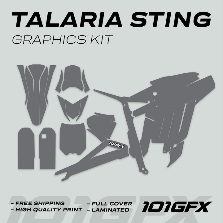 Talaria Sting MX3 MX4 Graphics Kit SOLID COLOR GREY with decal templates for fenders, shrouds, and plates, featuring high-quality, full-cover, laminated design benefits.