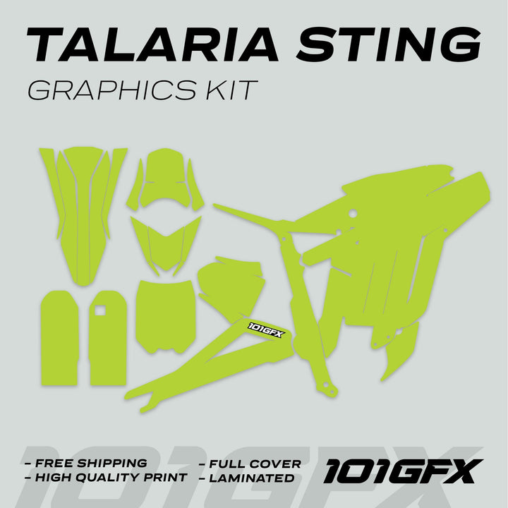 Talaria Sting MX3 MX4 Graphics Kit SOLID COLOR GREEN, featuring bright-green decal panels and highlighting free shipping, high-quality print, and a laminated finish for durability.