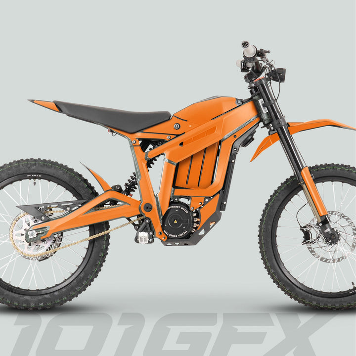 Talaria Sting MX3 MX4 Graphics Kit in solid orange on an off-road electric dirt bike with long-travel forks and knobbly tires.