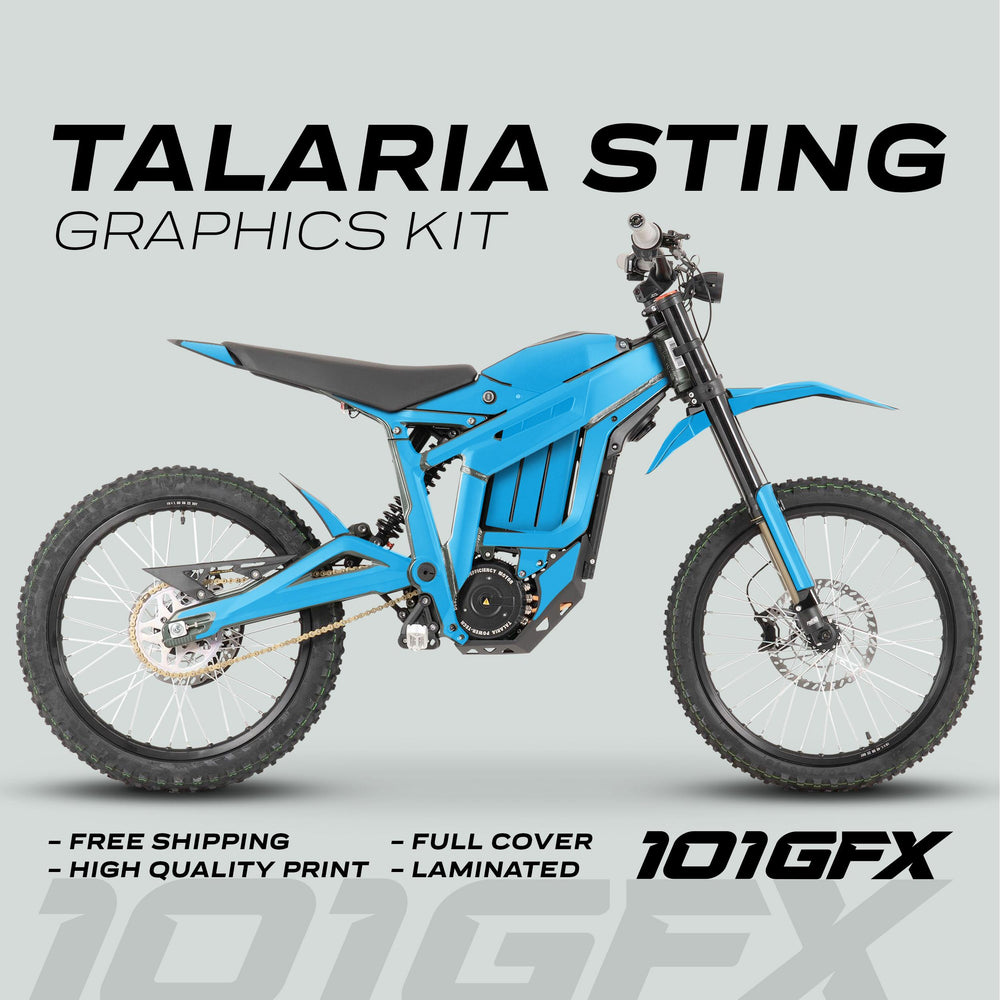 Talaria Sting MX3 MX4 Graphics Kit featuring bright blue decals, highlighting Free Shipping and High-Quality Print. Perfect fit for Talaria Sting bikes.