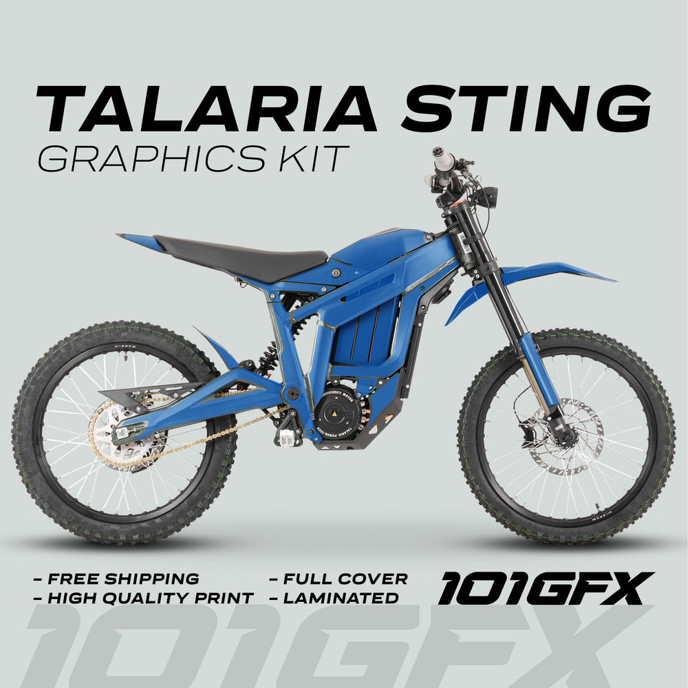 Talaria Sting MX3 MX4 Graphics Kit SOLID COLOR BLUE displayed on an electric off-road motorcycle, highlighting professional quality, easy application, and custom fit benefits.