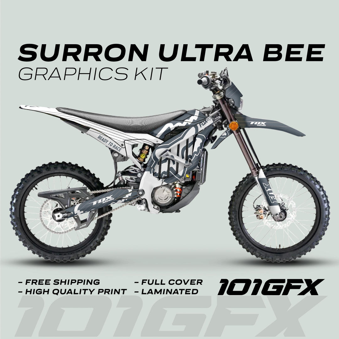 Surron Ultra Bee Graphics Kit FOX STRIPES Grey White on electric off-road bike, showcasing full-coverage, laminated decals with vibrant, durable design, emphasizing easy application and weather resistance.