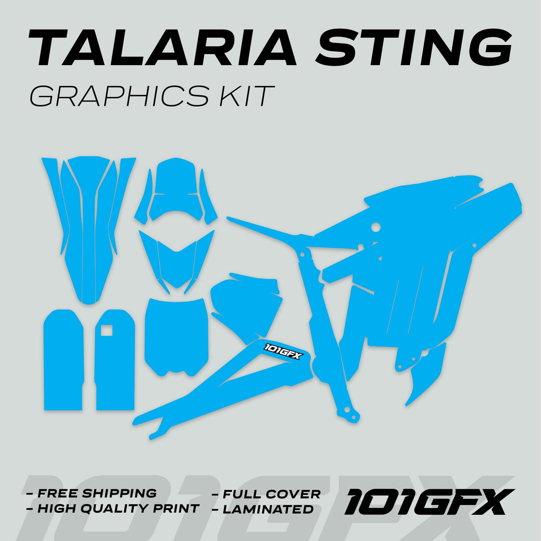 Talaria Sting MX3 MX4 Graphics Kit SOLID COLOR CYAN decals laid out, highlighting “FREE SHIPPING,” “HIGH QUALITY PRINT,” “FULL COVER,” “LAMINATED,” with 101GFX logo.
