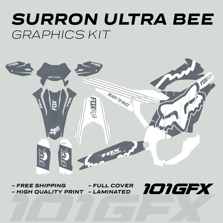 Surron Ultra Bee Graphics Kit FOX STRIPES Grey White, featuring die-cut vinyl decals in Fox Racing style, displaying logos and key selling points, laid out flat.