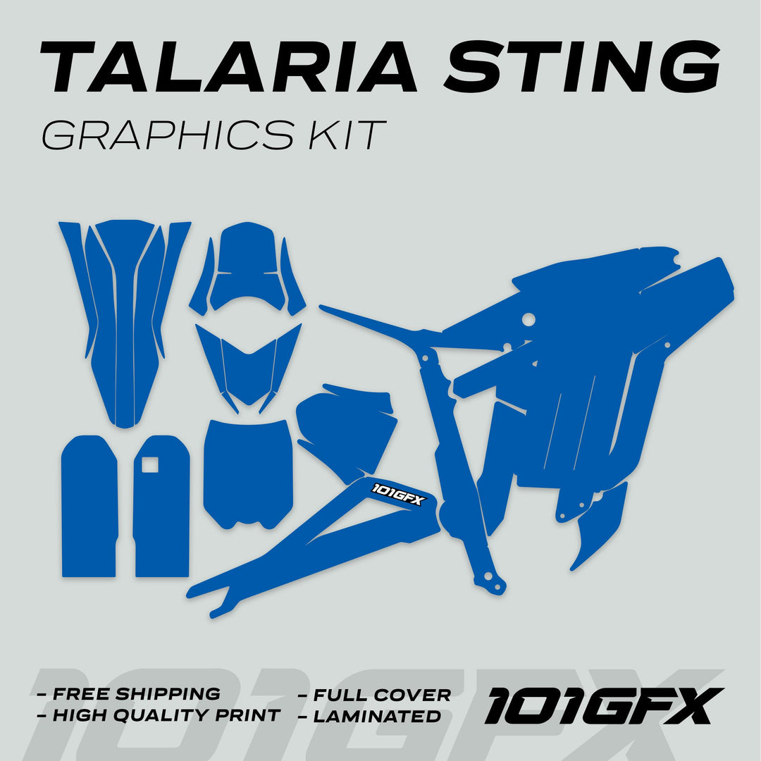 Talaria Sting MX3 MX4 Graphics Kit SOLID COLOR BLUE decals arrayed for bike panels, showcasing features like free shipping, high quality print, and laminated finish.