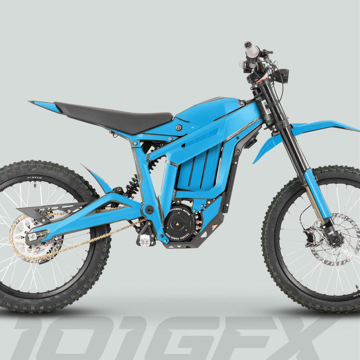 Talaria Sting MX3 MX4 Graphics Kit SOLID COLOR CYAN on a blue electric dirt bike with full suspension, highlighting its sleek, customized appearance and durable design.