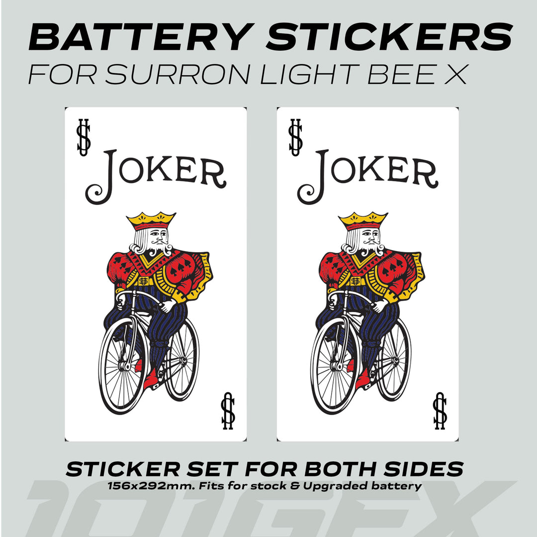 Surron Light Bee X Battery Stickers JOCKER featuring a crowned Joker on a bike, designed to fit perfectly on both sides of the battery.