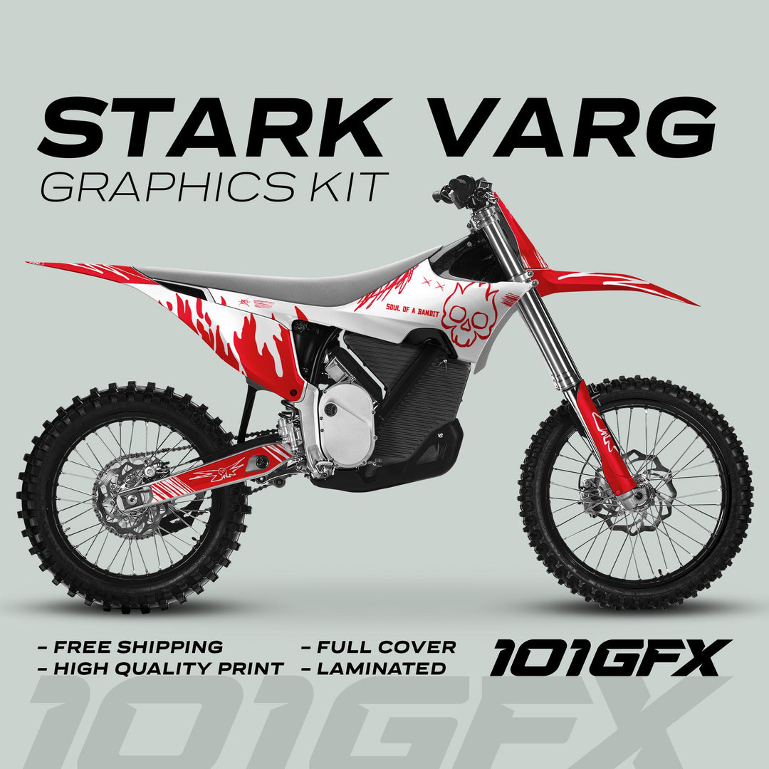 Stark Varg Graphics Kit SOUL FLAME on dirt-bike, showcasing red-and-white decals with flames and skull. Features: Free Shipping, High Quality, Full Cover, Laminated.