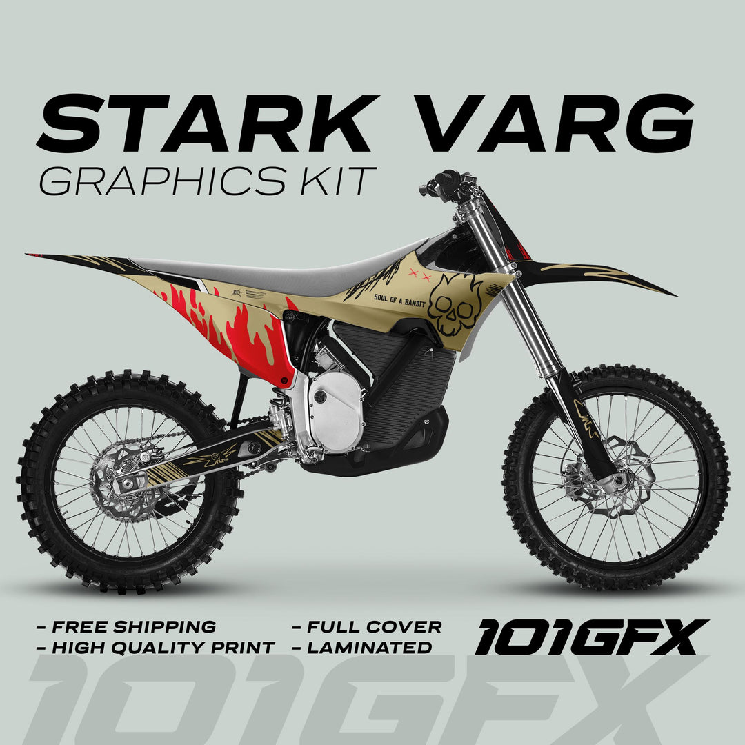 Stark Varg Graphics Kit SOUL FLAME Sand Red Decals Stickers on a dirt bike showcase gold, black, and red flame motifs with a skull graphic, plus promotional text.