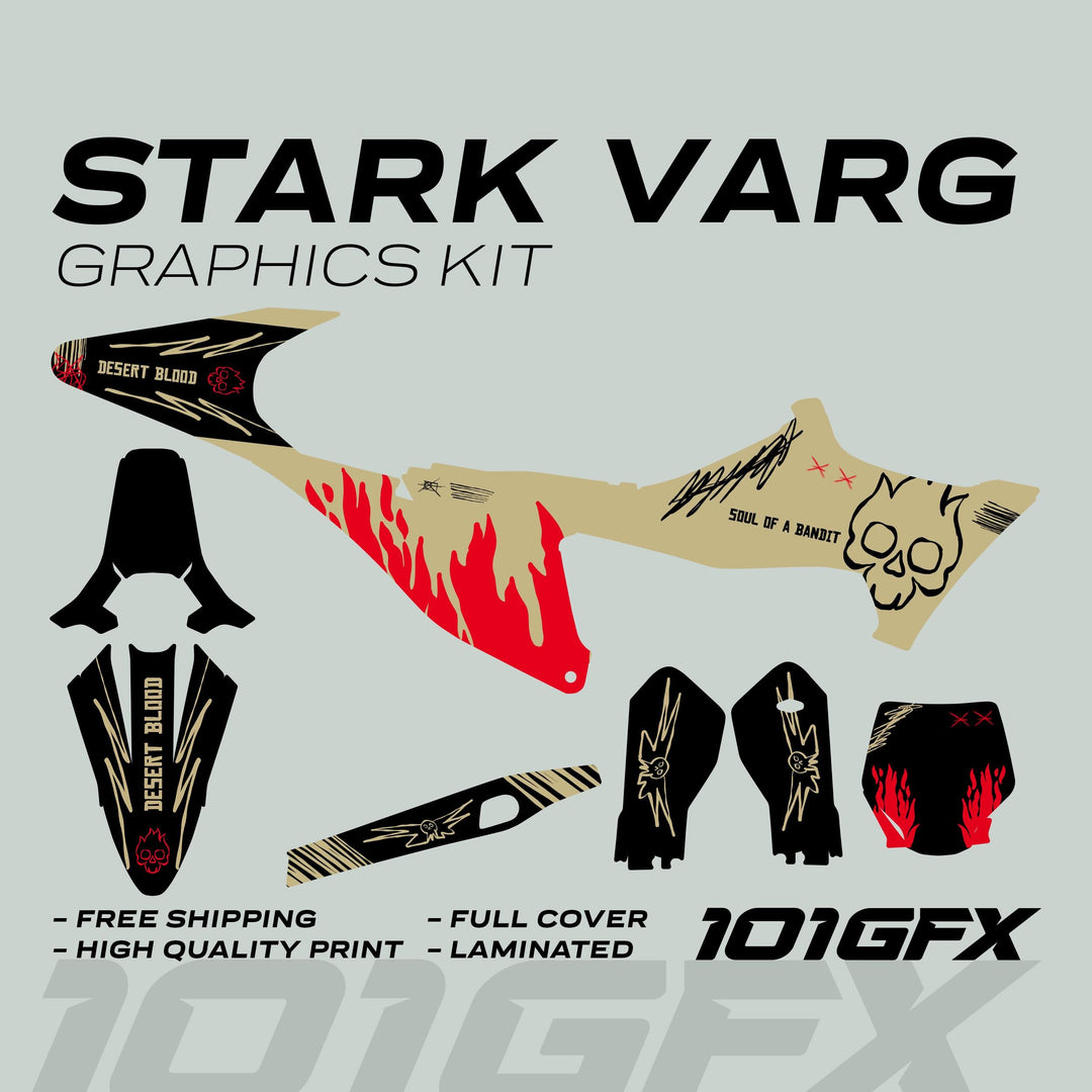 Stark Varg Graphics Kit SOUL FLAME Sand Red Decals Stickers, featuring bold skull motifs, flame designs, and comprehensive coverage for motocross bikes, ensuring a standout, custom look.