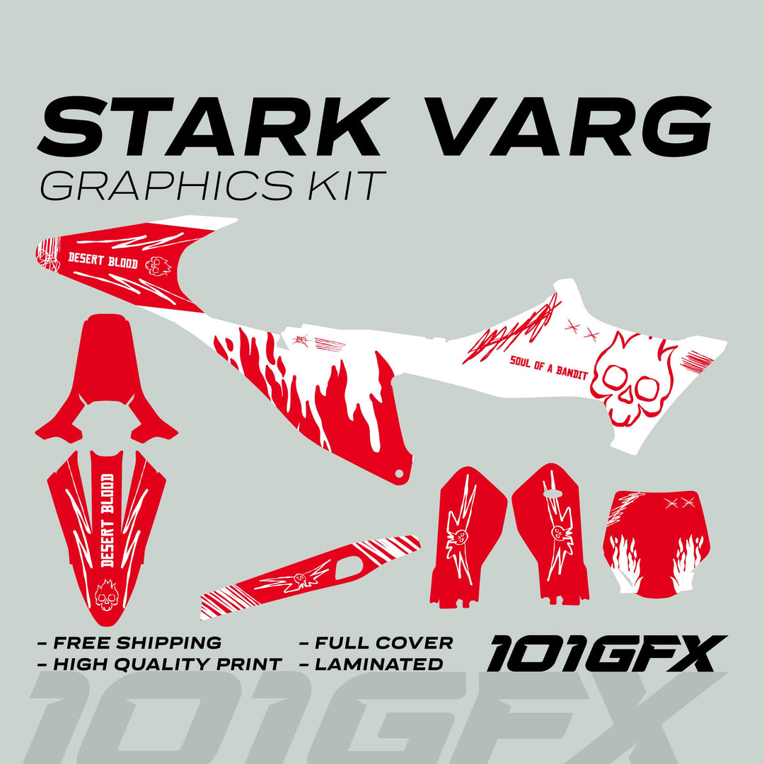 Stark Varg Graphics Kit SOUL FLAME White Red Decals Stickers laid out with flame and skull motifs, includes side panels, fenders, and number plates, boasting quality and durability.