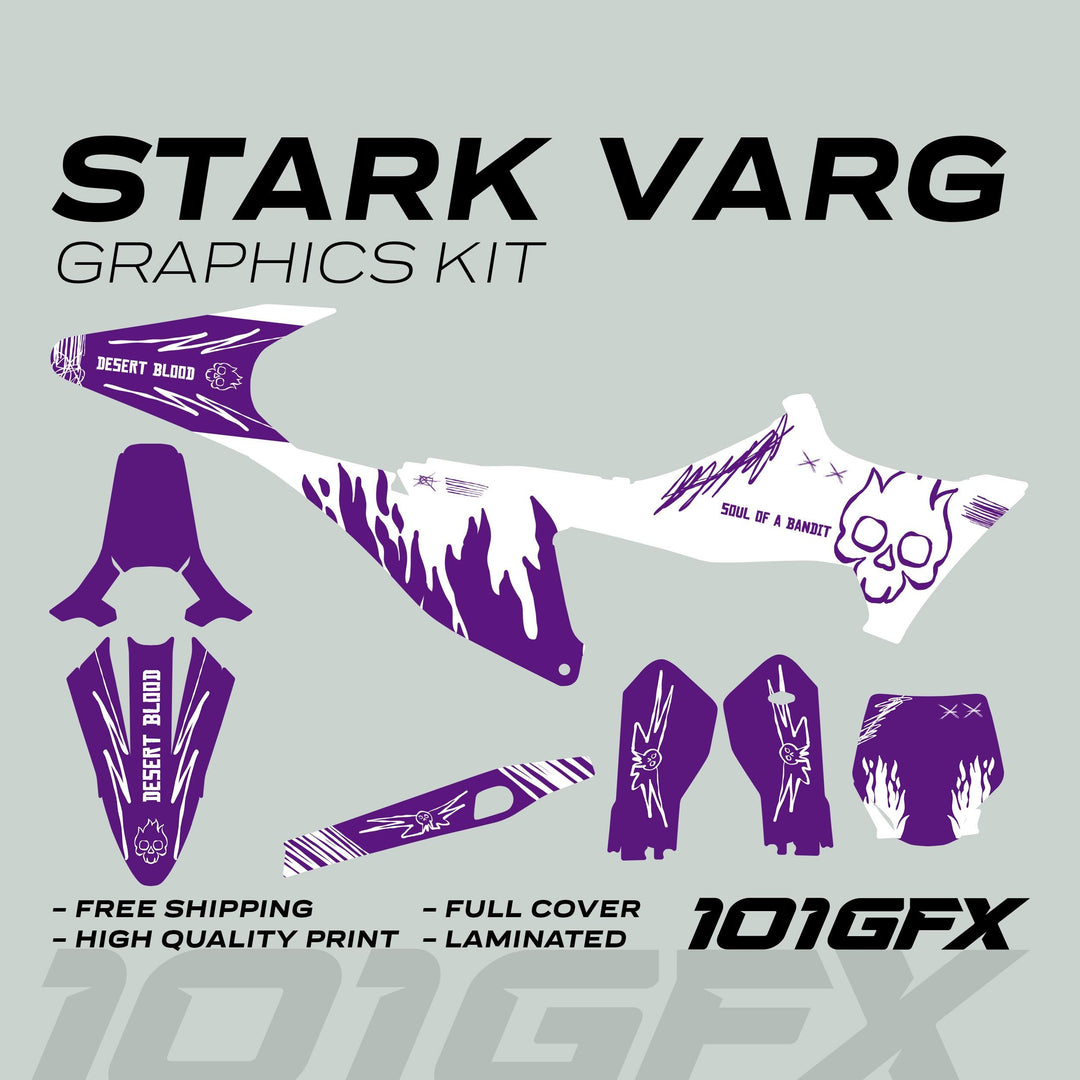 Stark Varg Graphics Kit SOUL FLAME: Purple and white decals with flame and skull design for off-road motorcycles, includes fenders, shrouds, and number plate.