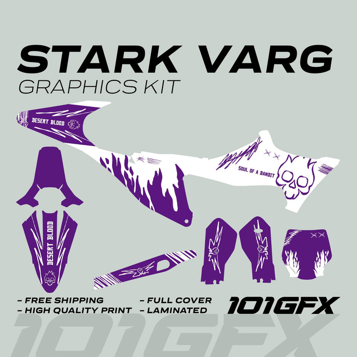 Stark Varg Graphics Kit SOUL FLAME: Purple and white decals with flame and skull design for off-road motorcycles, includes fenders, shrouds, and number plate.