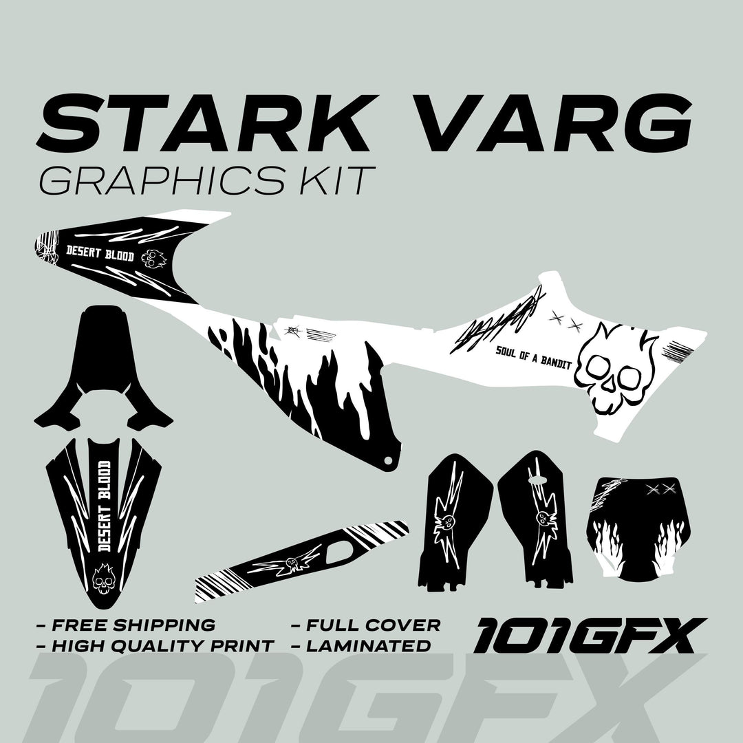 Stark Varg Graphics Kit SOUL FLAME White Black Decals Stickers laid out, featuring flaming-skull designs, DESERT BLOOD fender decals, and flame-accented number-plate.