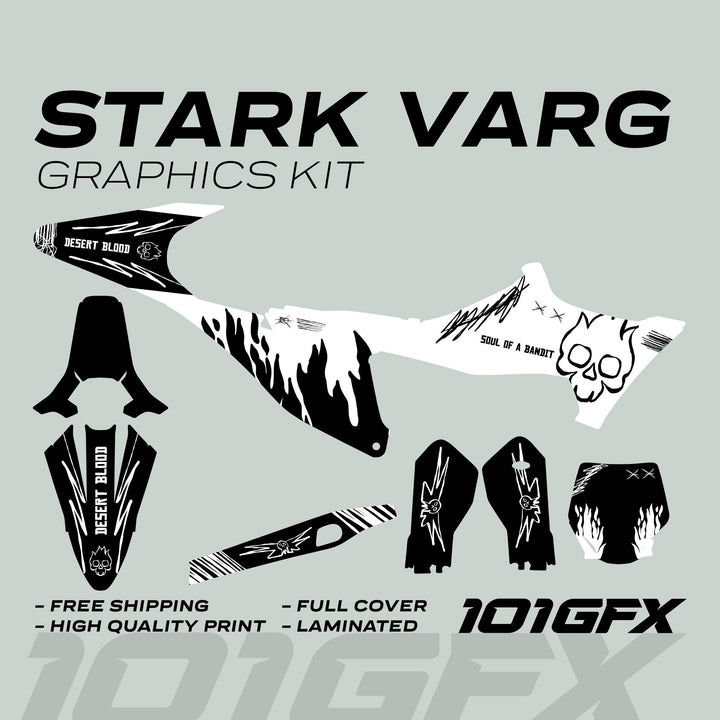 Stark Varg Graphics Kit SOUL FLAME White Black Decals Stickers laid out, featuring flaming-skull designs, DESERT BLOOD fender decals, and flame-accented number-plate.