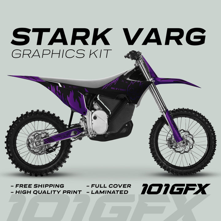 Stark Varg Graphics Kit SOUL FLAME design on a dirt bike, showcasing purple-and-black flame and skull motifs, emphasizing durability and easy installation.