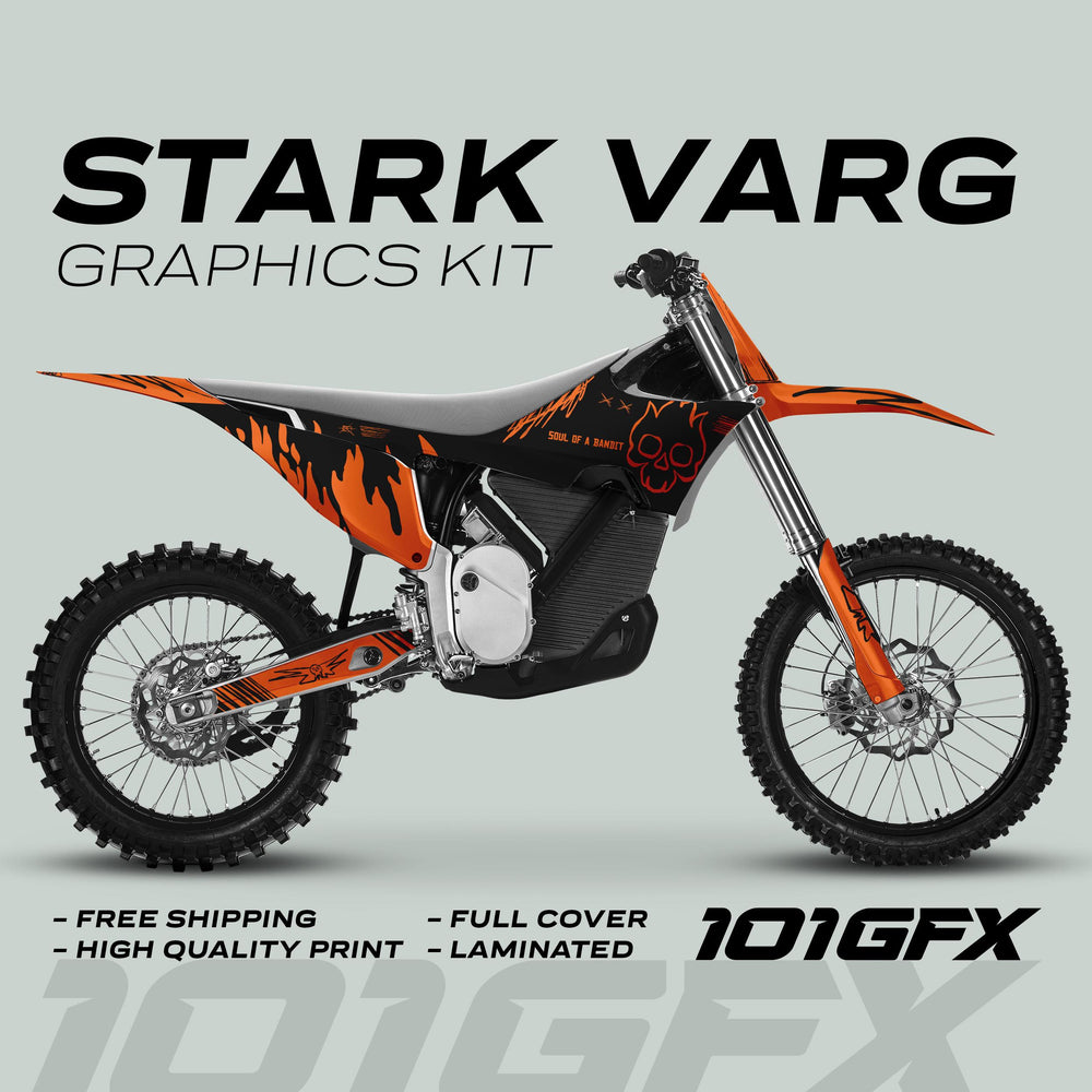Stark Varg Graphics Kit SOUL FLAME Black Orange Decals Stickers on a motocross bike, featuring bold orange-black flame and skull design, highlighting full-coverage wrap benefits.