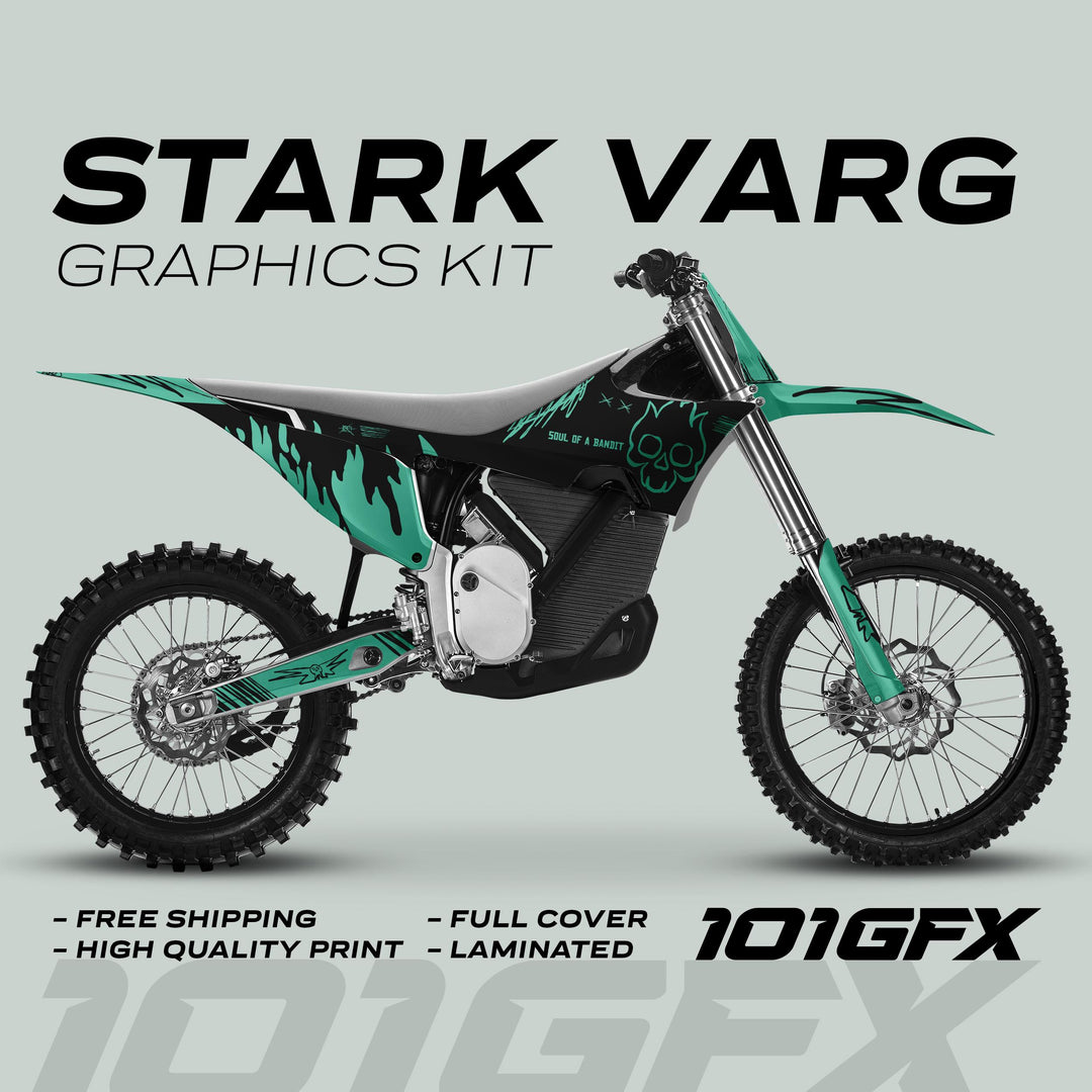 Stark Varg Graphics Kit SOUL FLAME Black Mint Decals Stickers on a dirt bike, showcasing teal-black skull and flame motifs, offering full coverage and durability.