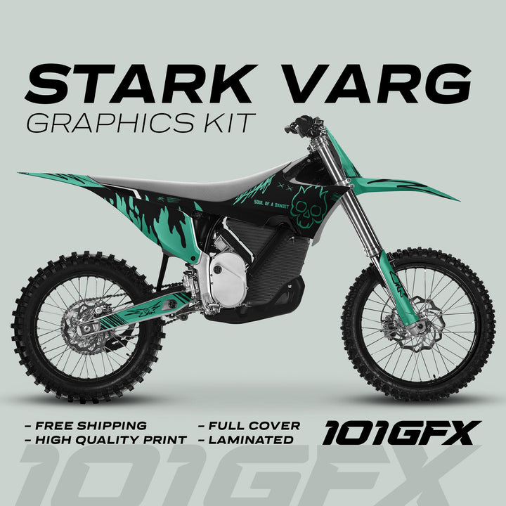 Stark Varg Graphics Kit SOUL FLAME Black Mint Decals Stickers on a dirt bike, showcasing teal-black skull and flame motifs, offering full coverage and durability.