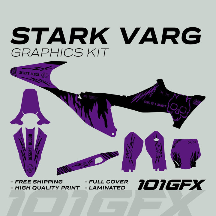 Stark Varg Graphics Kit with purple-and-black decals featuring flaming skulls and slogans, offers full coverage, glossy finish, and free worldwide shipping.