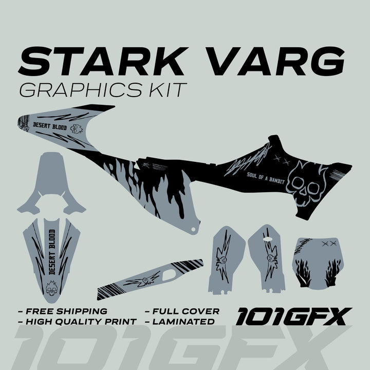 Stark Varg Graphics Kit SOUL FLAME Black Grey Decals Stickers laid out, featuring text and skull-flame designs for motocross bikes. Includes shipping and quality details.