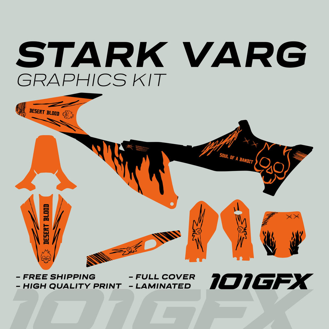 Stark Varg Graphics Kit SOUL FLAME Black Orange Decals Stickers with flame and skull artwork, featuring full coverage, high-quality print, and laminated finish.