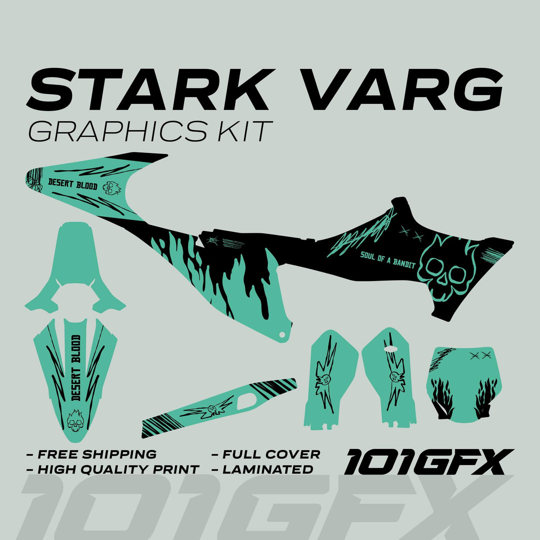 STARK VARG Graphics Kit SOUL FLAME Black Mint Decals Stickers featuring skull-and-flame motifs, designed for full bike coverage with durable, glossy retro aesthetics.