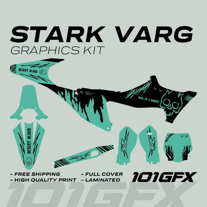 STARK VARG Graphics Kit SOUL FLAME Black Mint Decals Stickers featuring skull-and-flame motifs, designed for full bike coverage with durable, glossy retro aesthetics.