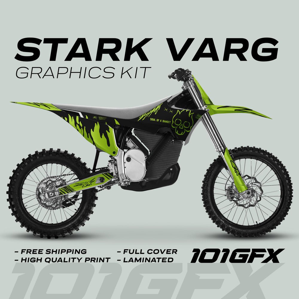 Stark Varg Graphics Kit SOUL FLAME Black Green Decals Stickers on a motocross bike, featuring free shipping, high quality print, full cover, and laminated finish.