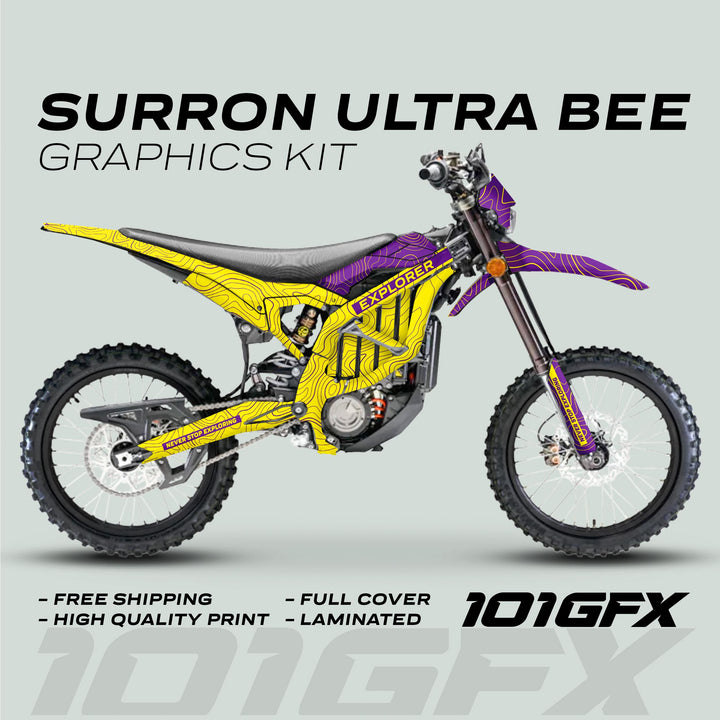 Sur-Ron Ultra Bee Graphics Kit EXPLORER YELLOW PURPLE on electric dirt-bike, showcasing a topographic design with EXPLORER text, emphasizing style and durability.