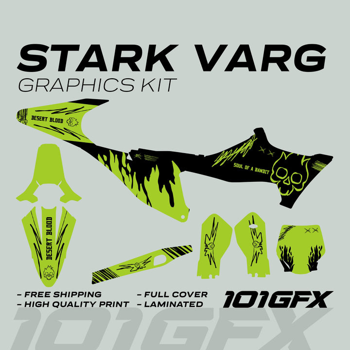 Stark Varg Graphics Kit SOUL FLAME Black Green: neon-lime decals for shrouds, fenders, fork-guards, swing-arm, and plates, featuring Soul of a Bandit skull design.