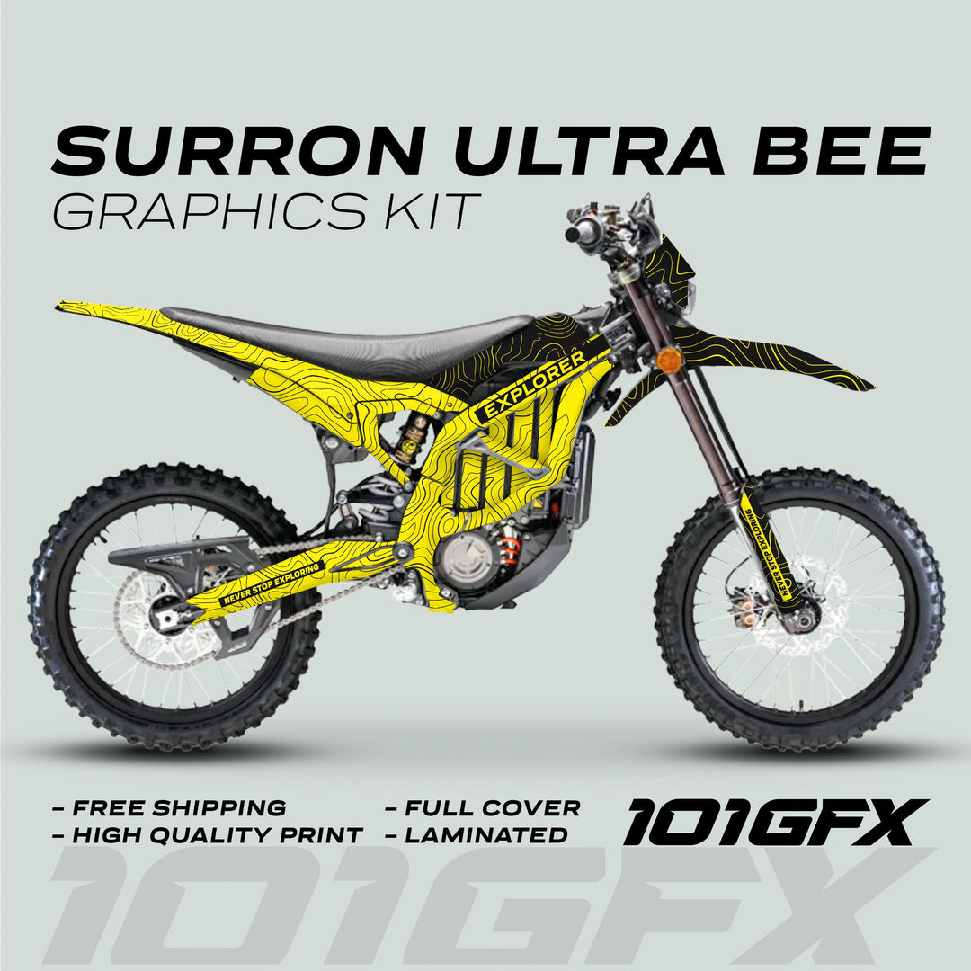 Surron Ultra Bee Graphics Kit EXPLORER YELLOW BLACK on electric bike, featuring yellow topo-map pattern, EXPLORER text, and promotional details like FREE SHIPPING and HIGH QUALITY PRINT.