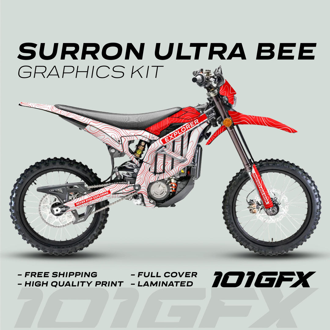 Surron Ultra Bee Graphics Kit EXPLORER WHITE RED on an electric off-road bike, showcasing red-and-white topographic livery, emphasizing durability and style-enhancing decals.