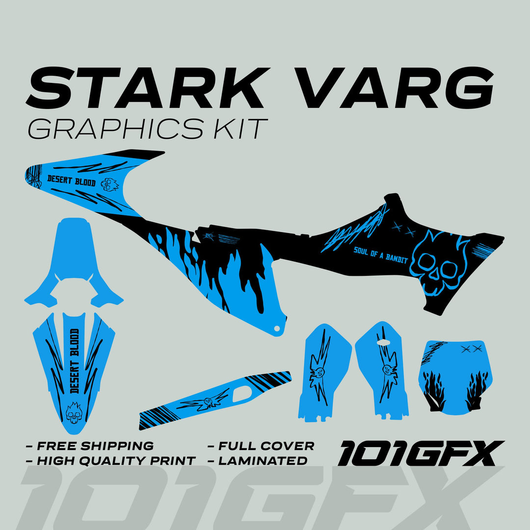 Stark Varg Graphics Kit SOUL FLAME Black Cyan Decals displayed, showing blue and black vinyl pieces for fender covers, shrouds, and number-plate panels.
