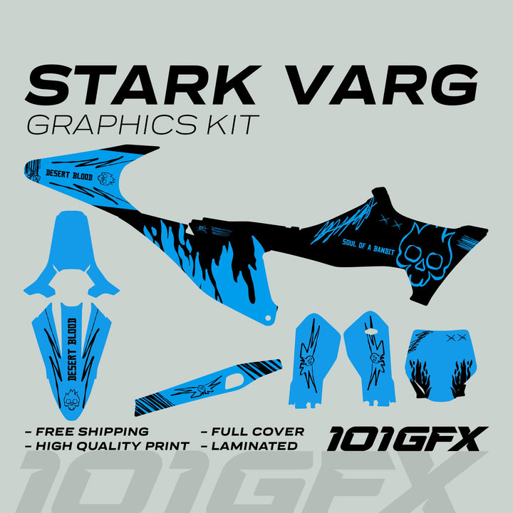 Stark Varg Graphics Kit SOUL FLAME Black Cyan Decals displayed, showing blue and black vinyl pieces for fender covers, shrouds, and number-plate panels.