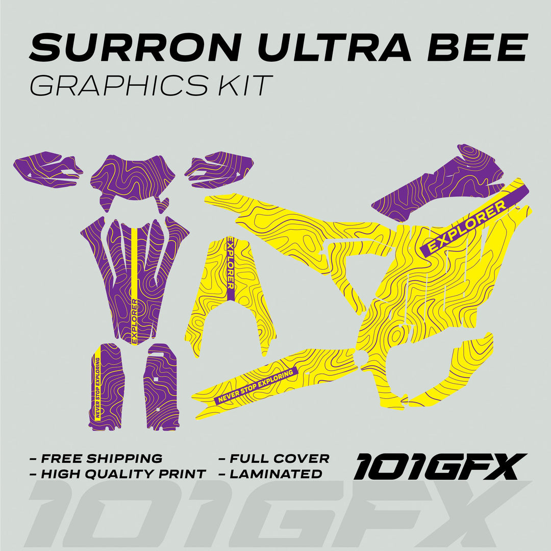 Surron Ultra Bee Graphics Kit EXPLORER YELLOW PURPLE with cut-out vinyl panels, featuring topographic graphics and Never Stop Exploring branding for dirt-bike customization.