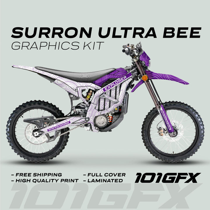 Surron Ultra Bee Graphics Kit EXPLORER WHITE PURPLE on electric dirt bike, showcasing topographic-line decals, EXPLORER and NEVER STOP EXPLORING text, emphasizing style and durability.