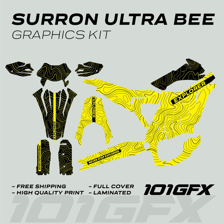 SurRon Ultra Bee Graphics Kit EXPLORER YELLOW BLACK with topographic-contour decals, laid flat, highlighting features like free shipping, high-quality print, full coverage, and laminated finish.