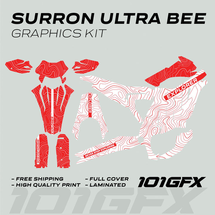 Surron Ultra Bee Graphics Kit EXPLORER WHITE RED features die-cut vinyl panels with contour-map linework, enhancing bike aesthetics with durable, easy-to-install decals.