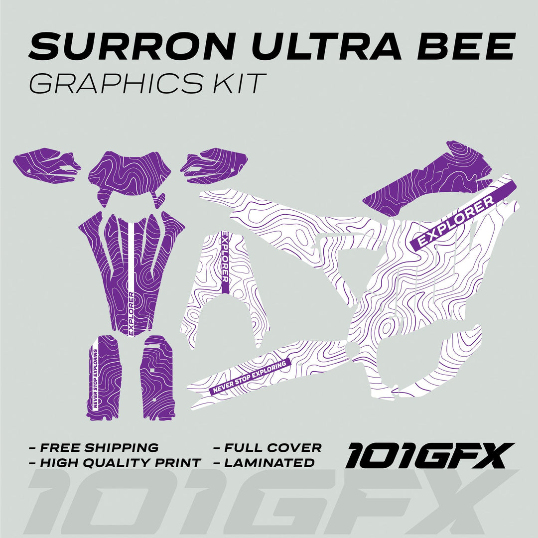 Surron Ultra Bee Graphics Kit EXPLORER WHITE PURPLE featuring die-cut decals, topographic theme, and durability claims, enhancing style and protection for your electric dirt bike.