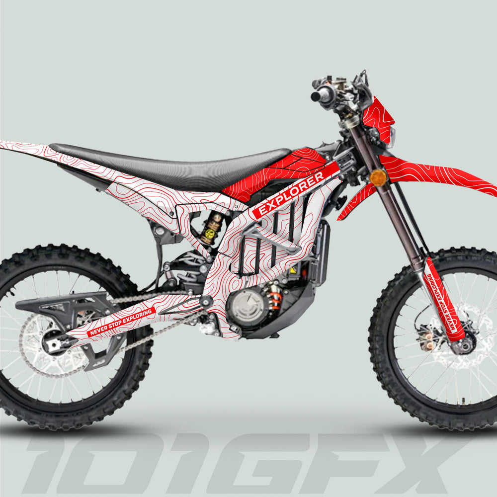 Surron Ultra Bee Graphics Kit EXPLORER WHITE RED on a dirtbike, featuring topographic contour pattern and NEVER STOP EXPLORING text, enhancing bike's aesthetic appeal.