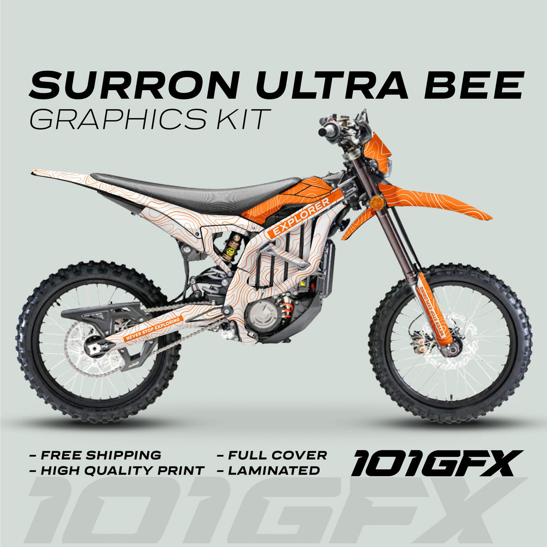 Surron Ultra Bee Graphics Kit EXPLORER WHITE ORANGE on bike, featuring contour line design and text, highlighting benefits: free shipping, high quality, full cover, laminated.