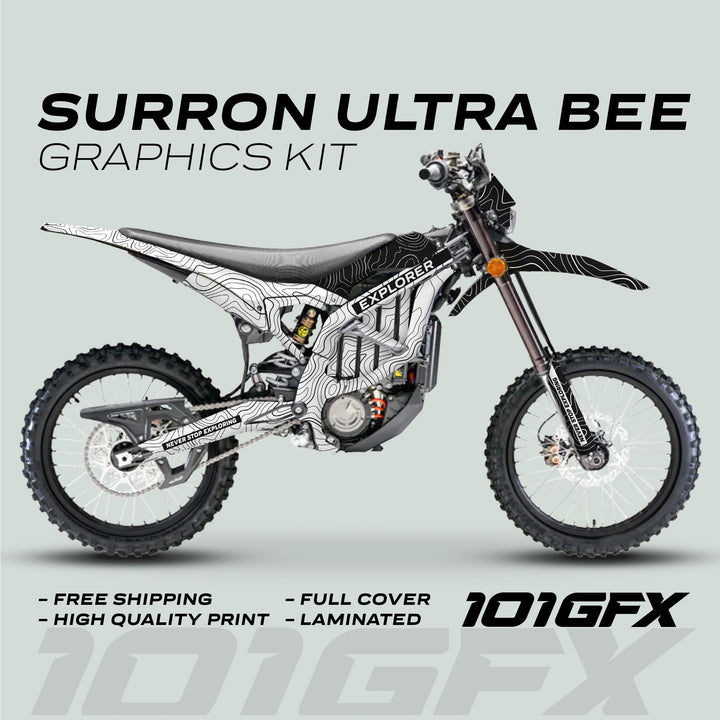 Side view of Surron Ultra Bee electric dirt-bike with EXPLORER graphics kit in black-and-white contour design, highlighting free shipping, full cover, and high-quality print.